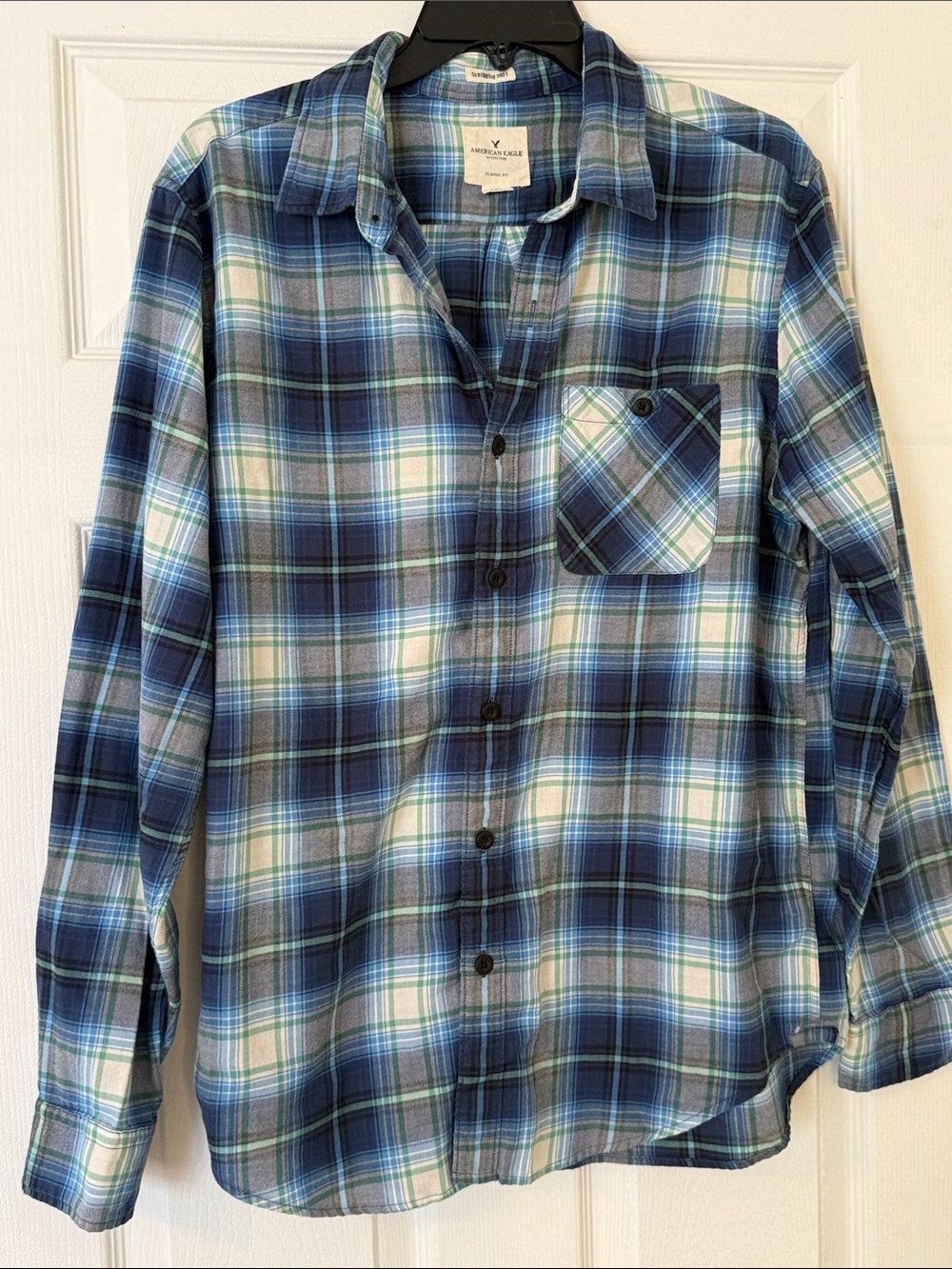 American Eagle Classic Fit Seriously Soft Plaid Shirt Men’s L Blue Green